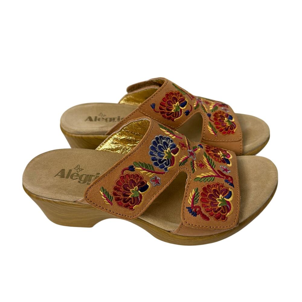 Alegria Sandals Size 8 Linn Embroidered Leather Wedge Cognac Needles and Pins 38
